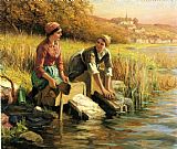 Daniel Ridgway Knight Famous Paintings - Women Washing Clothes by a Stream